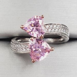 Pink Double Heart Silver Ring